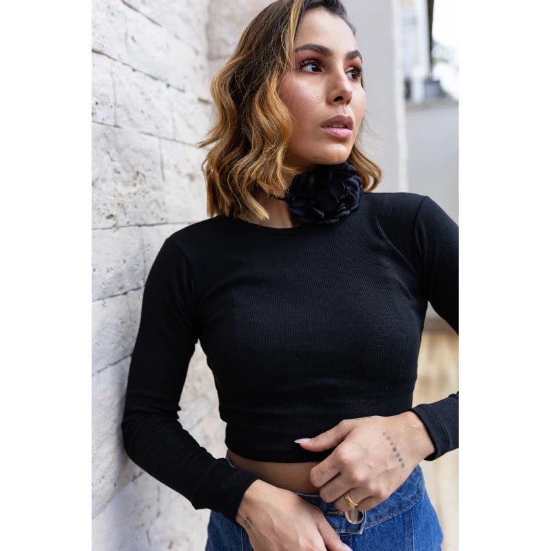 Cropped manga longa canelado